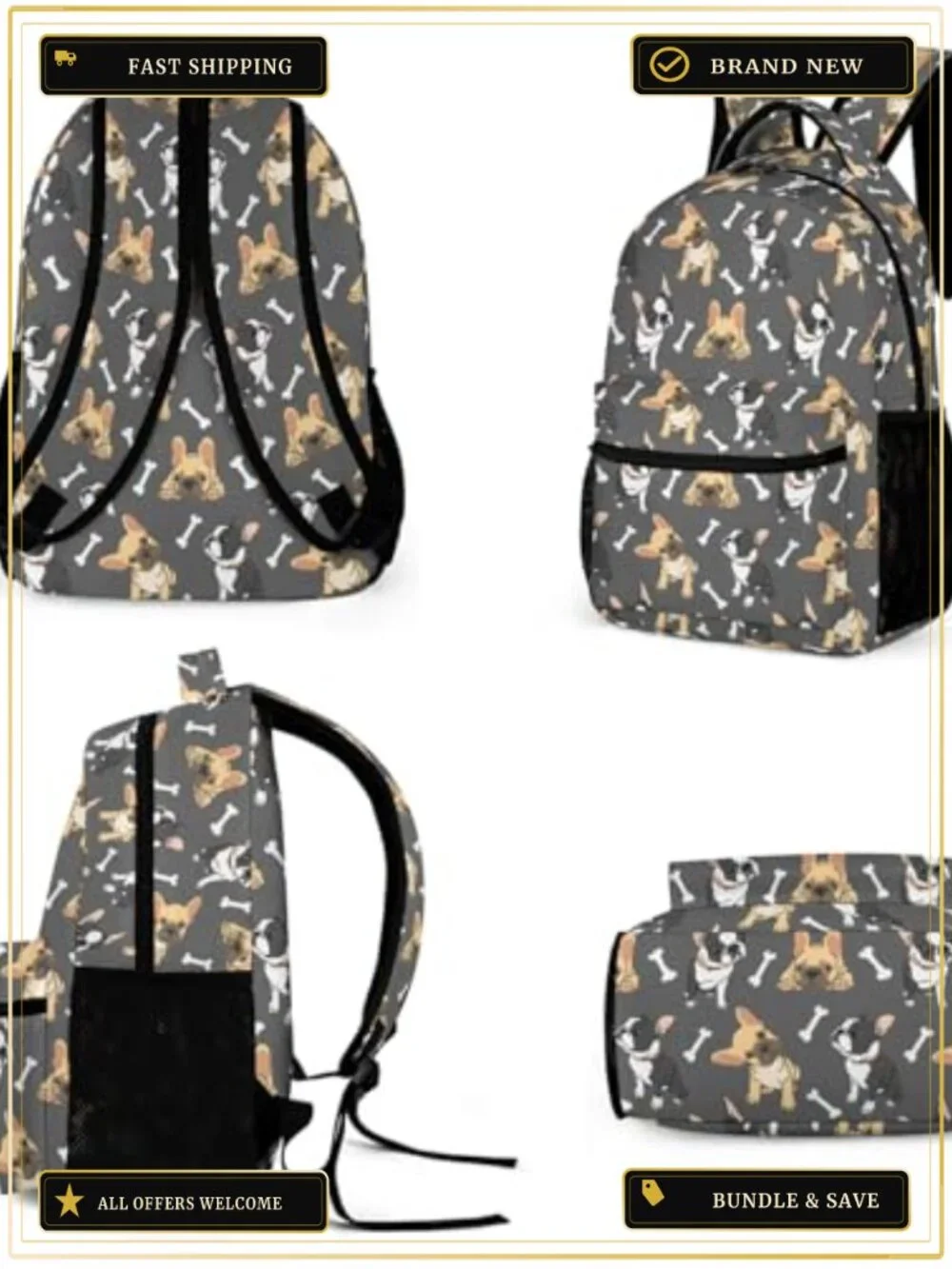 French Bulldog Backpack Set with Lunch Bag & Pencil Case, 17in 900D Nylon, Kids
